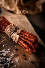 Thin pork sausages. Dry sausage. Country sausage, homemade sausage.