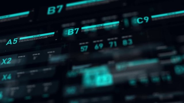 Futuristic user interface HUD GUI digital text number element for cyber technology concept with shallow depth of field dark and grain processed