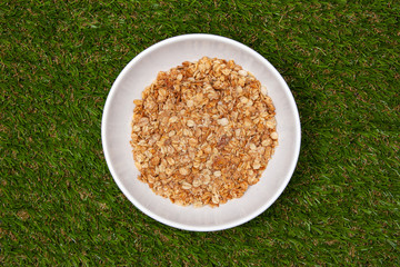 Muesli with banana in a white bowl on green grass