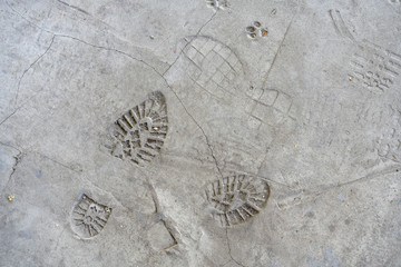 traces of shoes on the concrete floor. Imprints of shoes on the concrete floor. Shoe markings left...