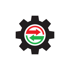 Gear wheel with arrows - concept icon vector design. SEO creative logo sign. Exchange interaction symbol. 