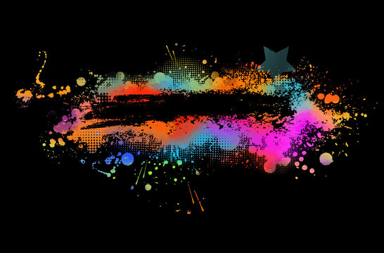 Rainbow colored paint stains on black background. Vector illustration.