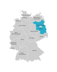 Vector isolated illustration of simplified administrative map of Germany. Blue silhouette of Brandenburg (state). Grey silhouettes. White outline