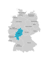 Vector isolated illustration of simplified administrative map of Germany. Blue silhouette of Hesse (state). Grey silhouettes. White outline
