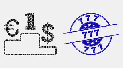 Dot currency pedestal mosaic icon and 777 seal stamp. Blue vector rounded distress seal stamp with 777 message. Vector composition in flat style.