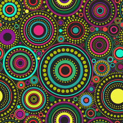 bright seamless abstract pattern of colorful circles and dots on black background. Kaleidoscope backdrop.