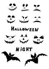 Fototapeta premium Halloween icons: thin monochrome icon set, black and white kit. Creepy and funny jack face, bat, lettering.