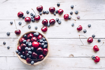 Bowl of ripe cherries and blueberries