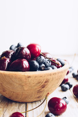 Bowl of ripe cherries and blueberries