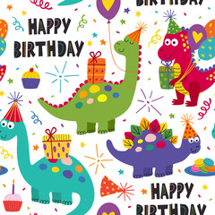 seamless pattern with cute dinosaurs Happy Birthday on white background - vector illustration, eps