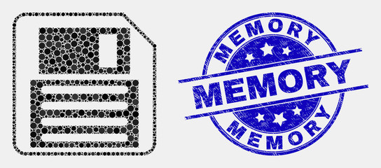 Obraz premium Pixelated floppy disk mosaic pictogram and Memory seal stamp. Blue vector rounded scratched seal stamp with Memory caption. Vector collage in flat style.