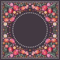 Embroidery square pattern for shawl or scarf with beautiful flowers. Design for bandana print, kerchief.