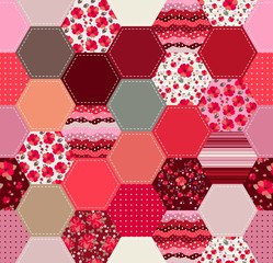 Bright patchwork pattern with red flowers. Seamless design from hexagonal patches for fabric and textile.