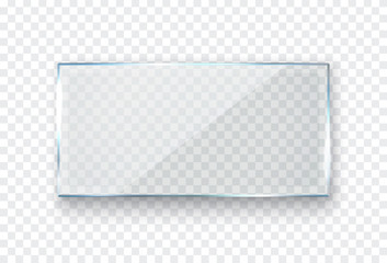 Glass, acrylic or plastic rectangle badge isolated on transparent background. Reflection 3d plate, clear window. Vector glare flat frame.