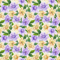 Beautiful gardenia flowers with leaves in seamless floral pattern. Pastel colored botanical background. Watercolor painting. Hand drawn and painted illustration.