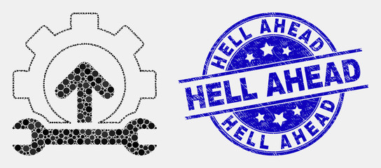 Fototapeta premium Dotted forward gear repair mosaic pictogram and Hell Ahead seal. Blue vector rounded textured seal stamp with Hell Ahead caption. Vector collage in flat style.