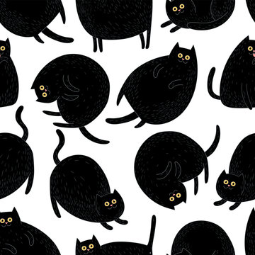Seamless pattern with cats. Can be used on packaging paper, fabric, background for different images, etc. Freehand drawing