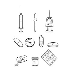 Set of medical icons, thin line style. Pill icons on white background.
