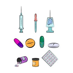 Set of medical icons. Colorful pill icons on white background.