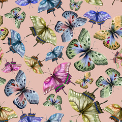 Fototapeta na wymiar Beautiful colorful tropical butterflies on beige background. Seamless pattern. Watercolor painting. Hand drawn and painted illustration.