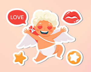 Greeting card. Holiday, event, wedding, festive letter. Beautiful happy cupid flying in clouds. Blonde angel holding with speech bubble. Vecor illustration. Isolated on pink background