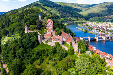 Aerial view, Castle Hirschhorn at river Neckar, Odenwald, Hesse, Germany, - obrazy, fototapety, plakaty