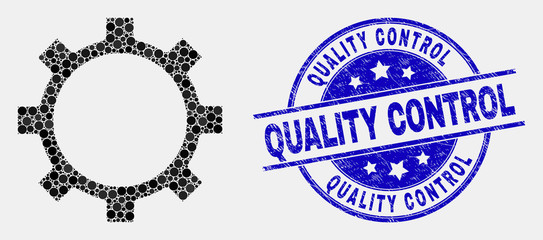 Pixel gear mosaic icon and Quality Control seal. Blue vector rounded textured seal with Quality Control phrase. Vector combination in flat style. Black isolated gear illustration of random dots,
