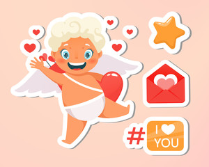 Greeting card. Holiday, event, festive letter. Beautiful happy cupid flying in clouds. Blonde angel waving. I love you hashtag. Vecor illustration. Isolated on bright pink background