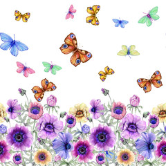 Fototapety  Piękne kolorowe kwiaty anemonów i latające motyle z zielonymi liśćmi na białym tle. Kwiatowy wzór, granica. Malarstwo akwarelowe. Ręcznie malowana ilustracja