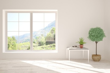 Stylish empty room in white color with summer landscape in window. Scandinavian interior design. 3D illustration
