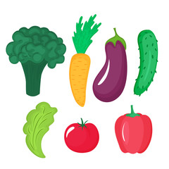 Vegetables set of broccoli, carrot, eggplant, cucumber, tomato, sweet pepper and leaf of lettuce isolated on white background.