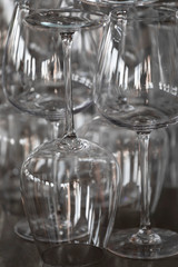 Glassware on a stainless steel hotel bar 
