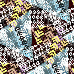 Seamless pattern grunge design. Patchwork print with herringbone and tweed lines. Watercolor effect. Suitable for bed linen, leggings, shorts and fashion industry.