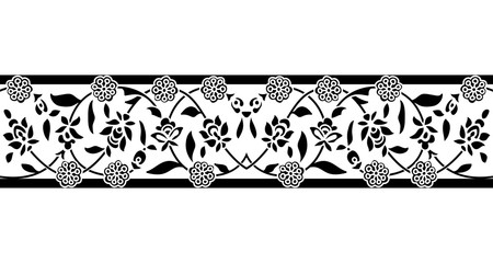 Seamless woodblock printed monochrome ethnic floral border. Traditional oriental ornament of India, double flower garland motif, black on white background. Textile design.