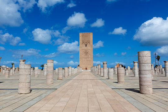 Hassan Tower Or Tour Hassan Is The Minaret Of An Incomplete Mosque In Rabat, Morocco.