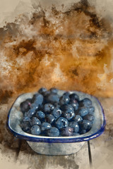 Digital watercolour painting of Blueberries in rustic kitchen setting with old wooden background