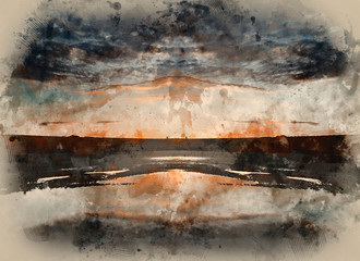 Naklejka na ściany i meble Digital watercolour painting of Vibrant sunrise landscape reflected in low tide water on beach