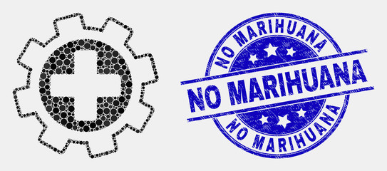Dotted medical service gear mosaic pictogram and No Marihuana seal stamp. Blue vector round textured seal with No Marihuana caption. Vector composition in flat style.