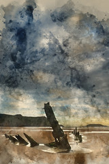Digital watercolour painting of Landscape image of old shipwreck on beach at sunset in Summer