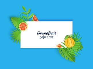 Rectangular white note sheet decorated with jungle paper cut green leaves and grapefruit. Applique whole and pieces of citrus paper foliage on a blue background. Vector card illustration
