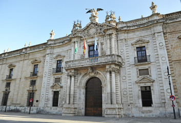 Fototapeta na wymiar Main facade of the Rectorship of Public University of Seville, former Royal Tobacco Factory (Real Fabrica de Tabacos). Andalusia, Spain