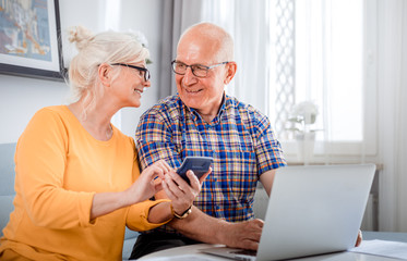 Senior couple checking bills using laptop at home