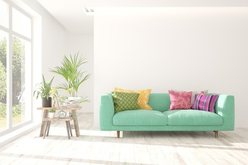 Stylish room in white color with sofa. Scandinavian interior design. 3D illustration