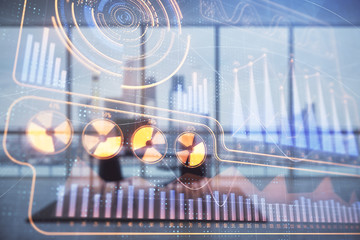 Business theme hologram with minimalistic cabinet background. Double exposure.