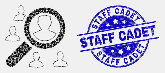 Obraz premium Dot search users mosaic icon and Staff Cadet seal stamp. Blue vector rounded grunge seal stamp with Staff Cadet message. Vector combination in flat style.