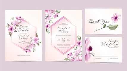 Cute Floral Wedding Invitation Set of Watercolor Anemone Flowers