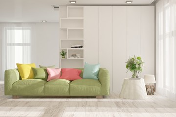 Stylish room in white color with sofa. Scandinavian interior design. 3D illustration