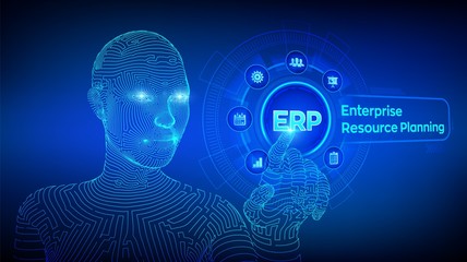 ERP. Enterprise resource planning business and modern technology concept on virtual screen. Corporate Company Management Business. Wireframed cyborg hand touching digital interface. Vector. EPS 10.