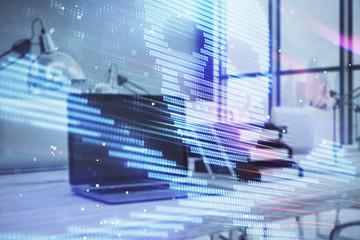 Fototapeta premium Hacking theme hologram with desktop office background. Double exposure.