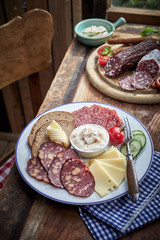 Plate of sliced wild venison sausage and cheese